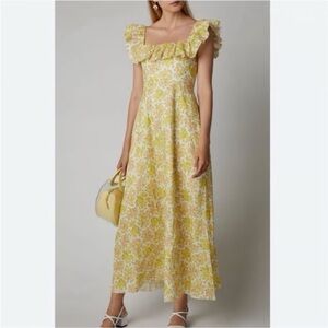 Zimmermann Goldie Ruffle Neck Midi Dress Citrus Floral Size 0 XS